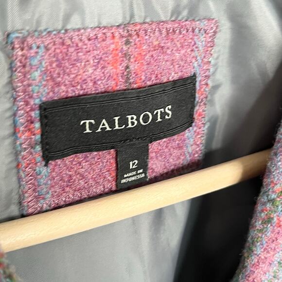 Talbots Womens Wool Blazer Jacket 12 Pink Blue Plaid Button Front Pockets Office - Picture 6 of 11
